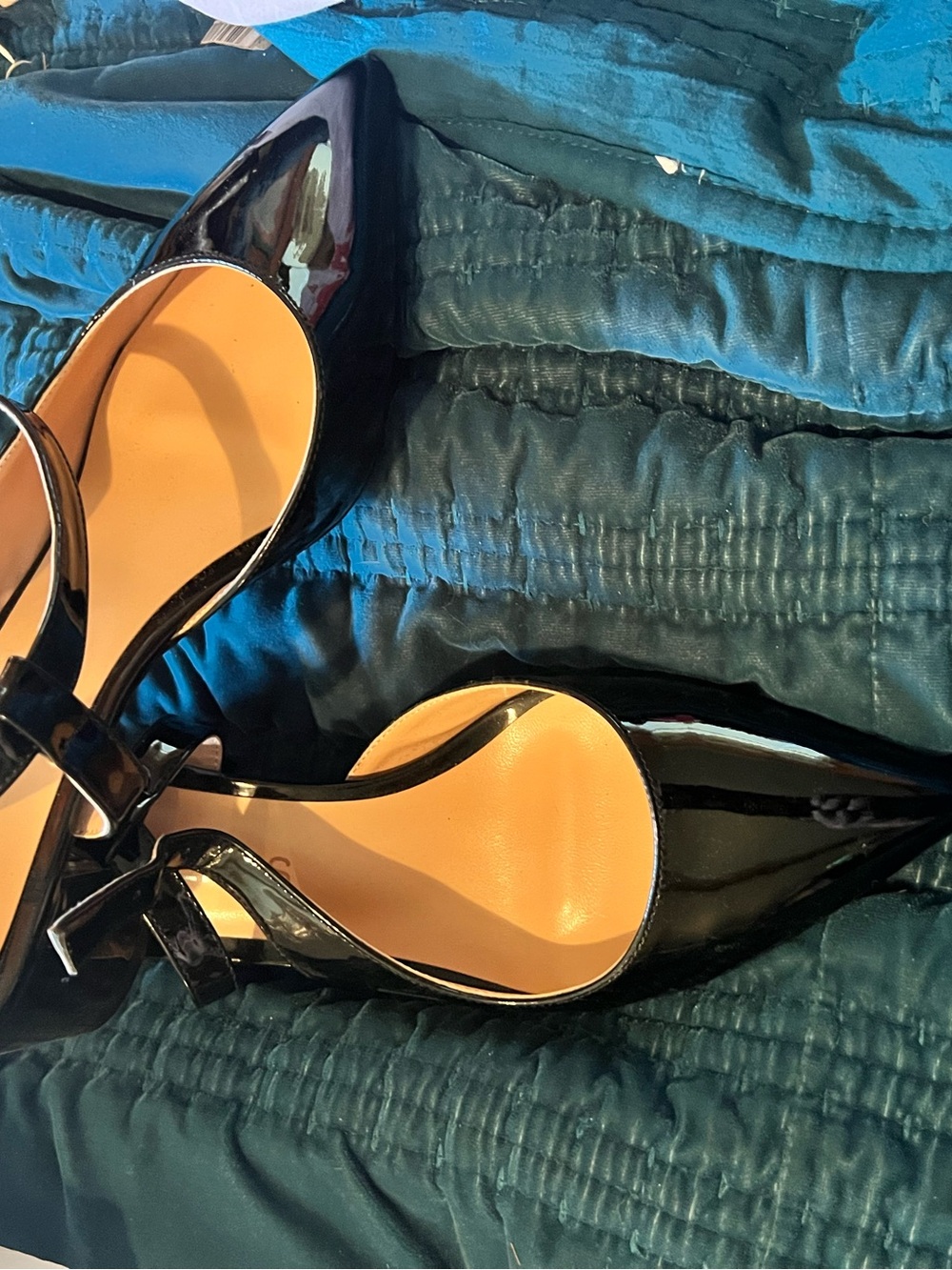 Patent Black Pointed-Toe D'Orsay Heels with Ankle Strap